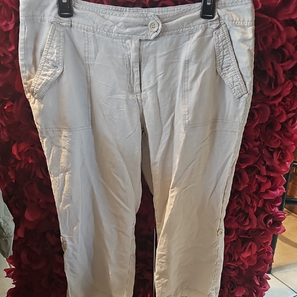 Paper Tee Juniors Casual Beige Adjustable Length Capri Pants Size 13 100% Linen